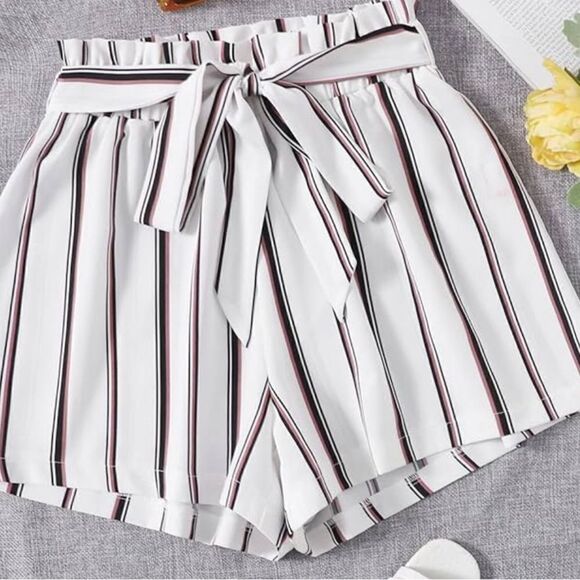 Striped Paper Bag Waist Belted Shorts (10) - Picture 1 of 15